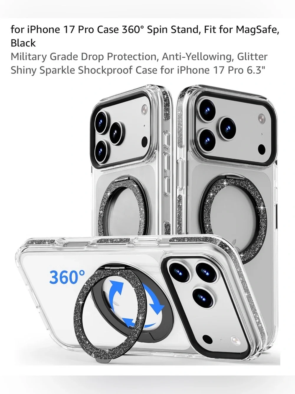 Clear Glitter Magnetic Ring Case for iPhone 17 Pro 6.3” Black Ring military drop